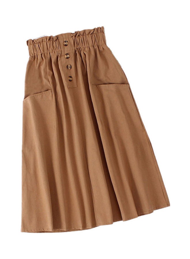 Generic - Single Pocket Pleated Elastic Waist Cotton Summer A-line Skirt Khaki - Image 1