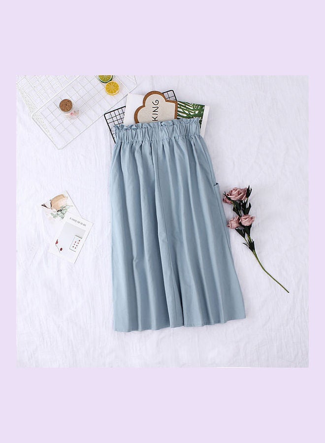 Single Pocket Pleated Elastic Waist Cotton Summer A-line Skirt Light blue  - Image 3