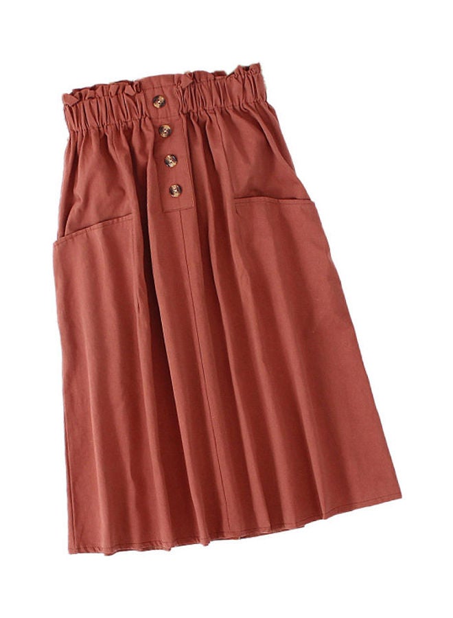 Single Pocket Pleated Elastic Waist Cotton Summer A-line Skirt Brick Red  - Image 1