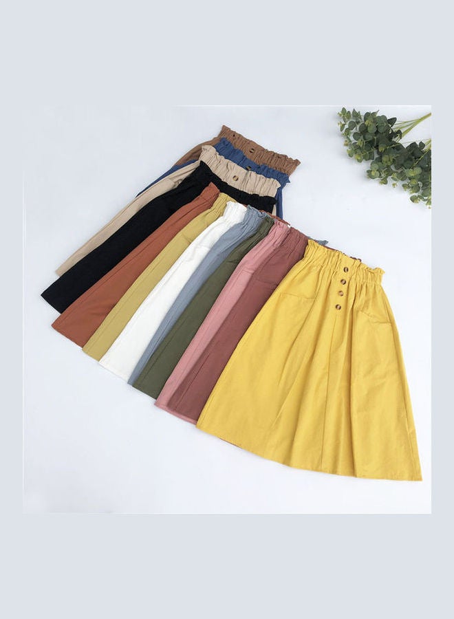 Generic - Single Pocket Pleated Elastic Waist Cotton Summer A-line Skirt Yellow - Image 1