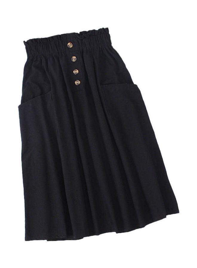 Single Pocket Pleated Elastic Waist Cotton Summer A-line Skirt Black  - Image 1