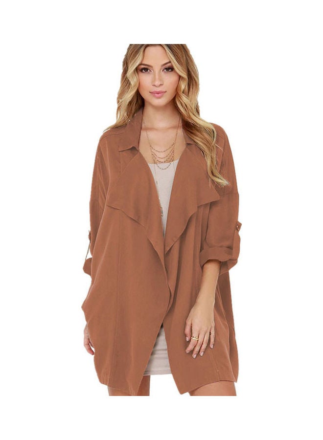 Stylish Trench Open Stitch Pockets Long Sleeve Drawstring Coat Orange - Image 1