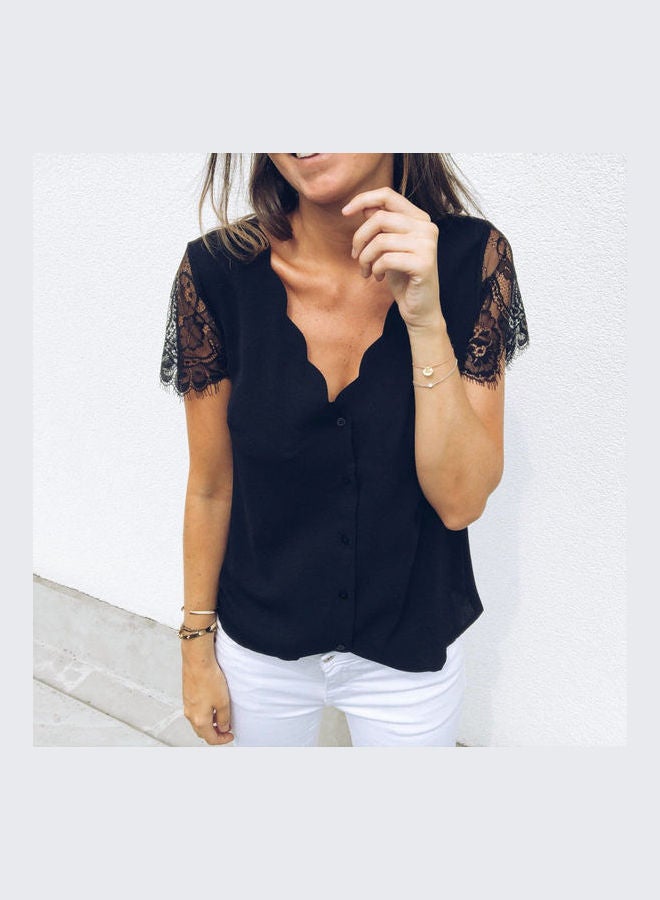 V-neckline Short Lace Sleeve Shirt Tops Blouse Black - Image 1