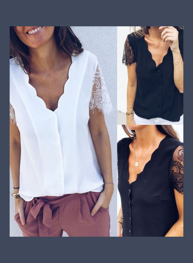 V-neckline Short Lace Sleeve Shirt Tops Blouse Black - Image 3