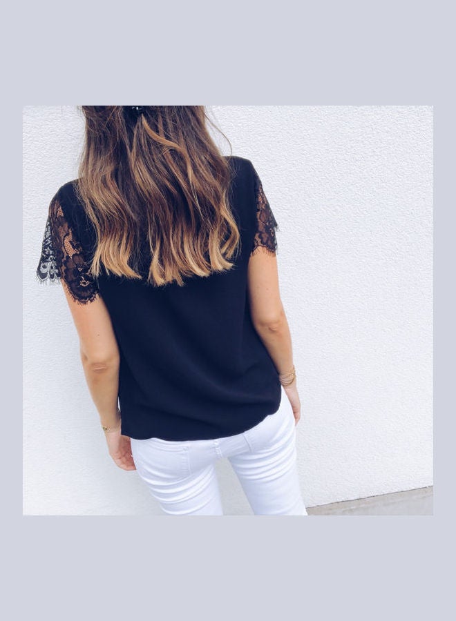 V-neckline Short Lace Sleeve Shirt Tops Blouse Black - Image 2