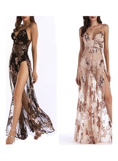 Generic Sequined Shoulder Strap Deep V Neck Split Dress Black  - Image 4