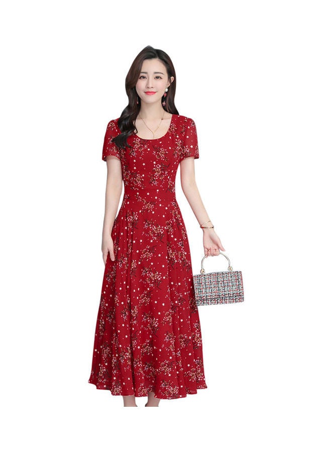 Summer Floral Mid length Large Hem Slim Dress Red - Image 1