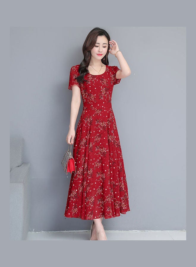 Summer Floral Mid length Large Hem Slim Dress Red - Image 2