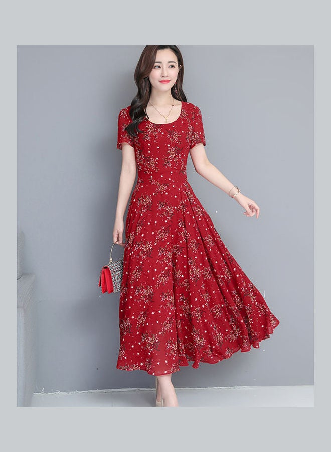 Summer Floral Mid length Large Hem Slim Dress Red - Image 3
