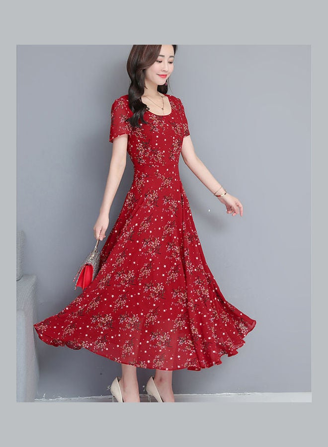 Summer Floral Mid length Large Hem Slim Dress Red - Image 5