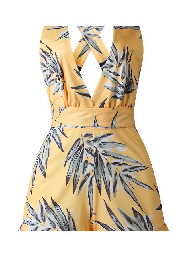 Crossover Lacing Deep V-Neck Swimming Wear Jumpsuit With Floral Printed Yellow - Image 2