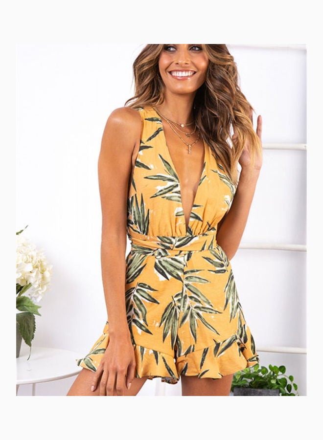 Crossover Lacing Deep V-Neck Swimming Wear Jumpsuit With Floral Printed Yellow - Image 3