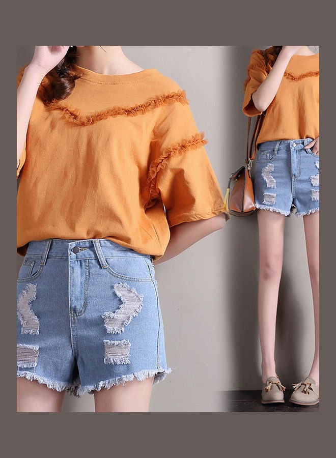 High Waisted Rough Edged Ripped Denim Shorts Light Blue - Image 2