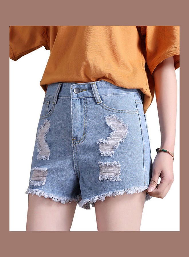 High Waisted Rough Edged Ripped Denim Shorts Light Blue - Image 1