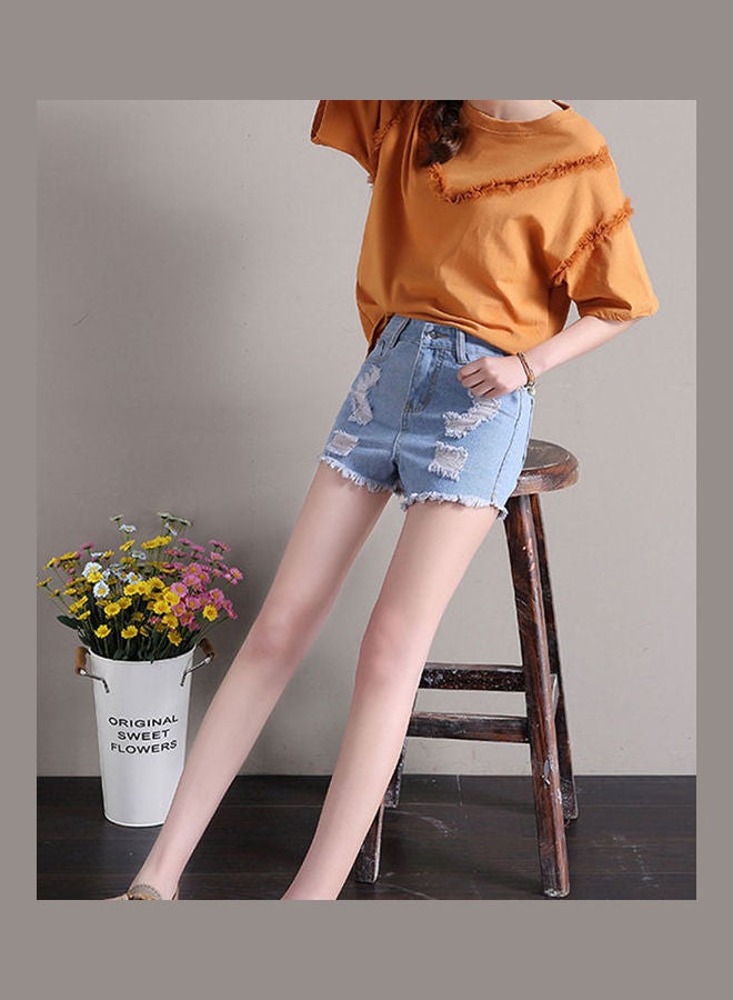 High Waisted Rough Edged Ripped Denim Shorts Light Blue - Image 3