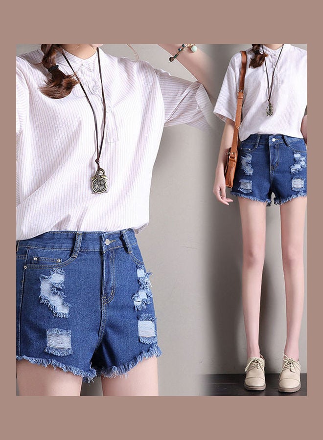 High Waisted Rough Edged Ripped Denim Shorts Light Blue - Image 5