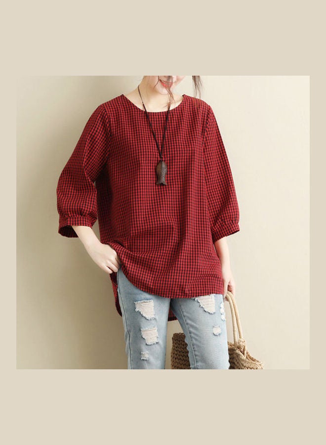 Oversized Loose Cotton Linen Three Quarter Sleeve Shirt Red - Image 1