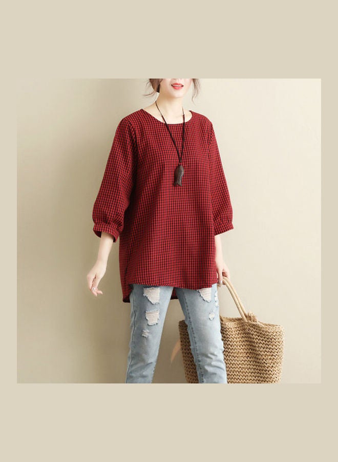Oversized Loose Cotton Linen Three Quarter Sleeve Shirt Red - Image 2