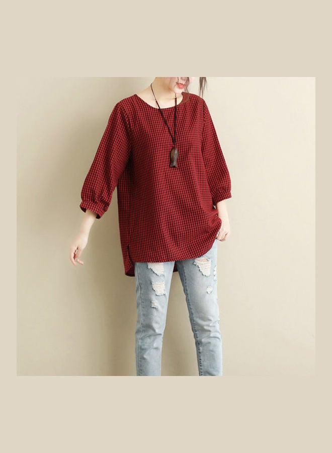 Oversized Loose Cotton Linen Three Quarter Sleeve Shirt Red - Image 3