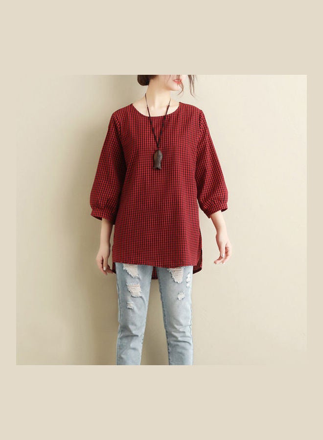 Oversized Loose Cotton Linen Three Quarter Sleeve Shirt Red - Image 4