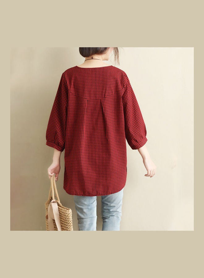 Oversized Loose Cotton Linen Three Quarter Sleeve Shirt Red - Image 5