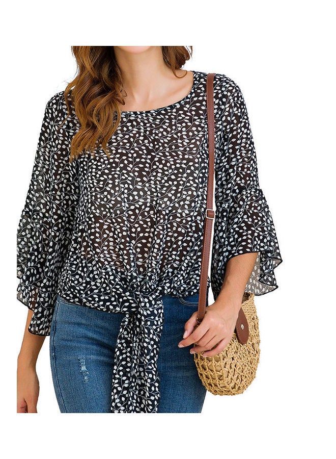 Leaves Printed Shirt Round Neck And Loose Puff Sleeve Chiffon Blouse Top Multicolour - Image 1