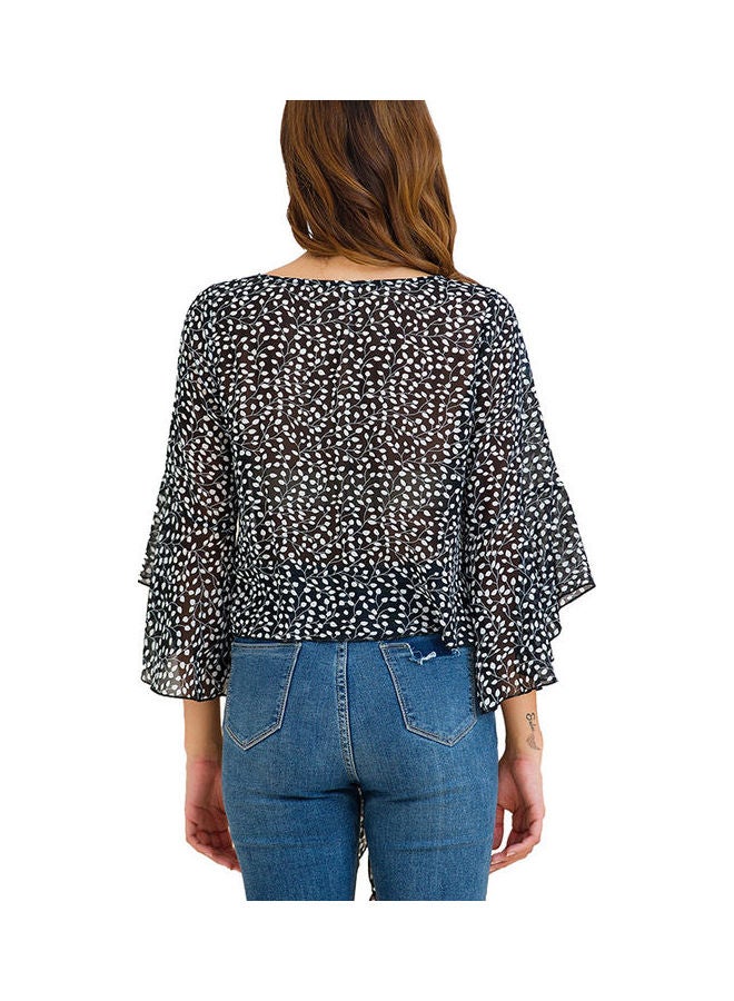 Leaves Printed Shirt Round Neck And Loose Puff Sleeve Chiffon Blouse Top Multicolour - Image 3