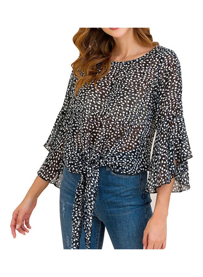 Leaves Printed Shirt Round Neck And Loose Puff Sleeve Chiffon Blouse Top Multicolour - Image 2
