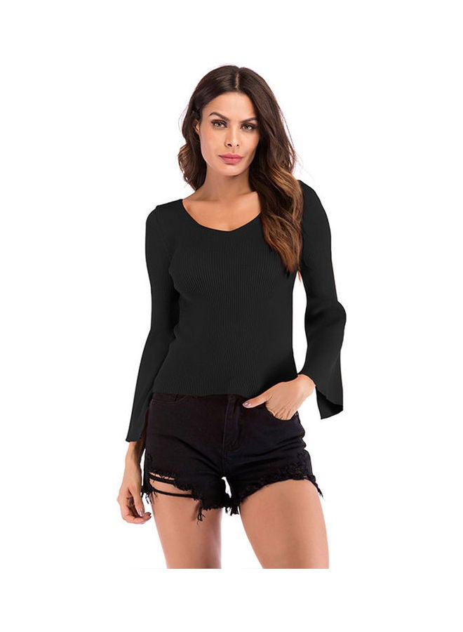 Flared Sleeve V-collar Slim Pullover Sweater Black - Image 1