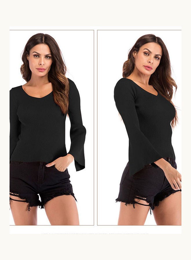 Flared Sleeve V-collar Slim Pullover Sweater Black - Image 3