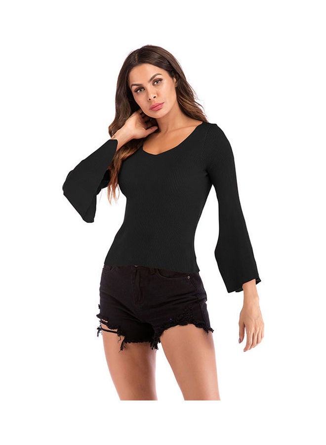 Flared Sleeve V-collar Slim Pullover Sweater Black - Image 2