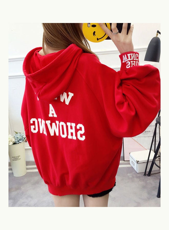 Fashion Thin Loose Letter Printing Long Sleeve Hooded Sweatshirts Red  - Image 1