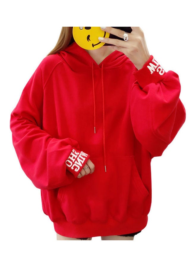 Fashion Thin Loose Letter Printing Long Sleeve Hooded Sweatshirts Red  - Image 3