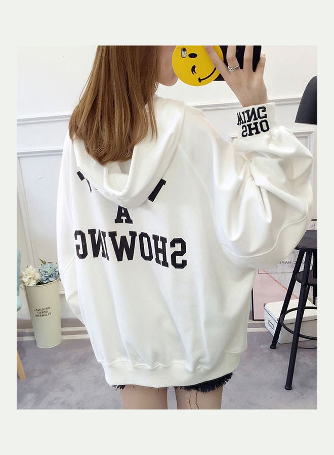 Fashion Thin Loose Letter Printing Long Sleeve Hooded Sweatshirts White  - Image 1
