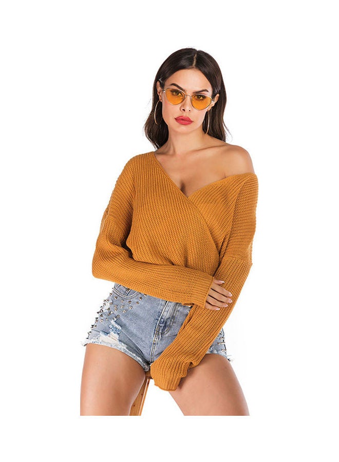 Casual V-Neck Loose Sweater Yellow - Image 3