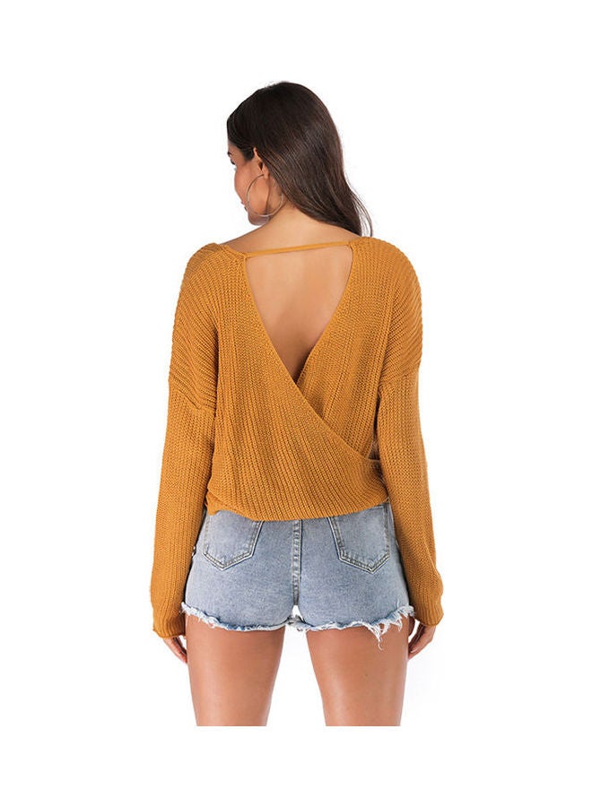 Casual V-Neck Loose Sweater Yellow - Image 2