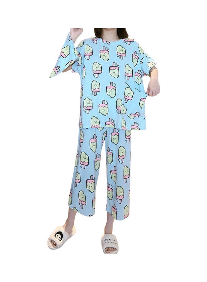 3-Piece Summer Pajama Suit Short Sleeve Tops Seventh Pants Loose Home Wear And Cloth Bag Blue - Image 1