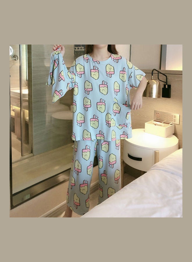3-Piece Summer Pajama Suit Short Sleeve Tops Seventh Pants Loose Home Wear And Cloth Bag Blue - Image 3