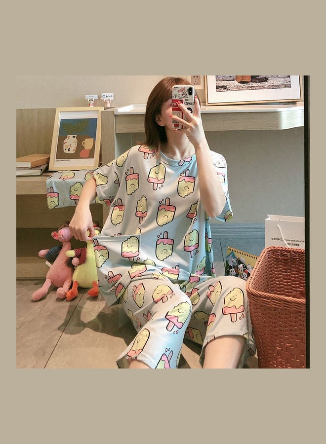 3-Piece Summer Pajama Suit Short Sleeve Tops Seventh Pants Loose Home Wear And Cloth Bag Blue - Image 4