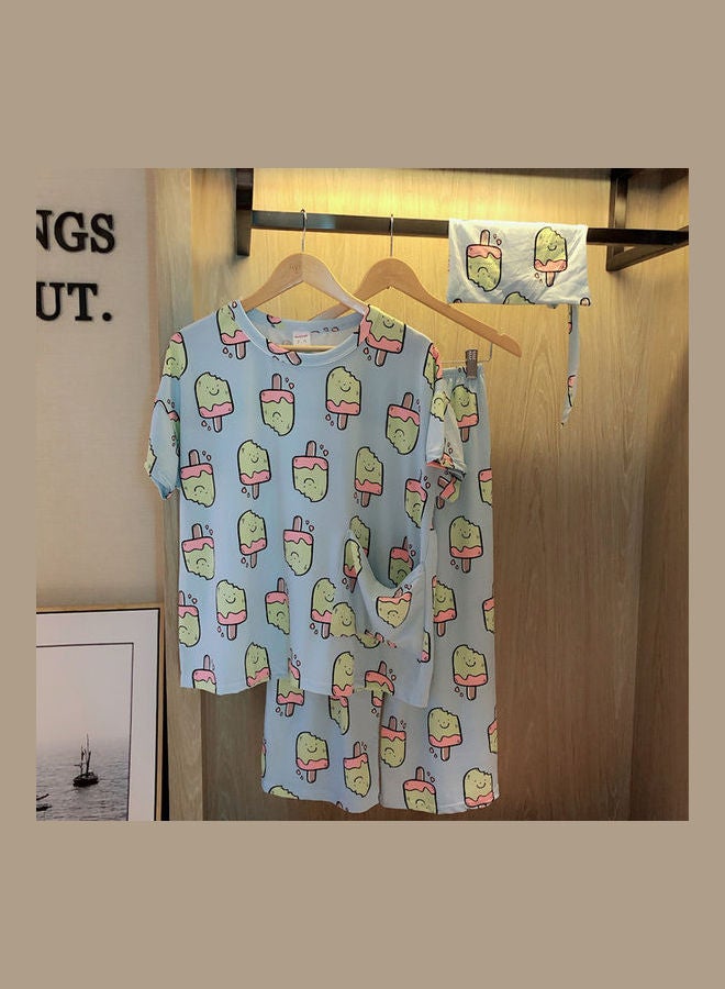 3-Piece Summer Pajama Suit Short Sleeve Tops Seventh Pants Loose Home Wear And Cloth Bag Blue - Image 5