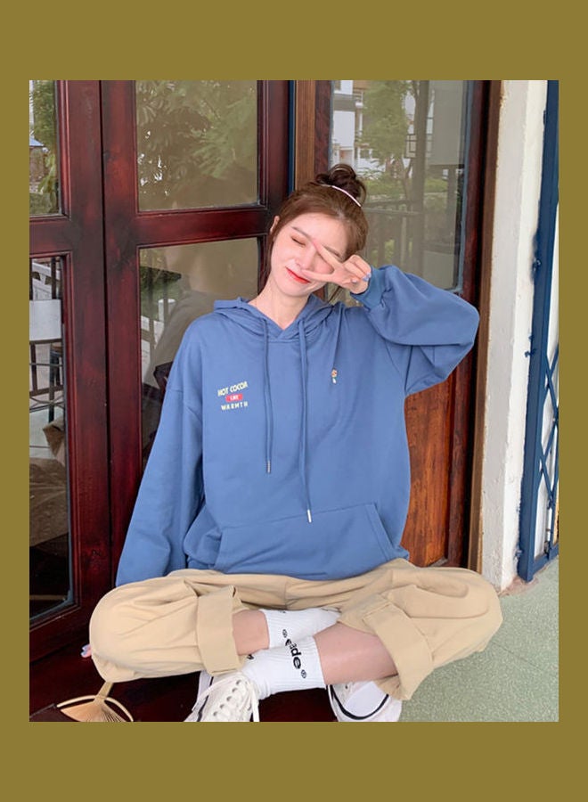 Thicken Hoodie Sweatshirt Autumn Winter Loose Pullover Lazy Tops Light Blue  - Image 1
