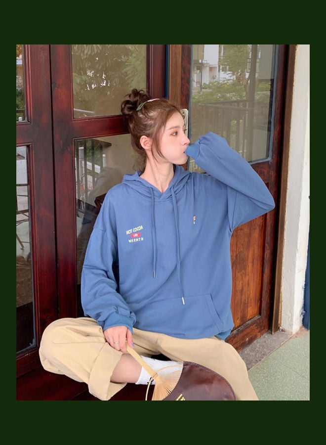 Thicken Hoodie Sweatshirt Autumn Winter Loose Pullover Lazy Tops Light Blue  - Image 4