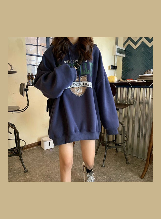 Thicken Hoodie Sweatshirt Autumn Winter Loose Lazy Pullover Tops Navy Blue  - Image 1