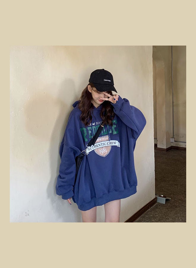 Thicken Hoodie Sweatshirt Autumn Winter Loose Lazy Pullover Tops Navy Blue  - Image 3