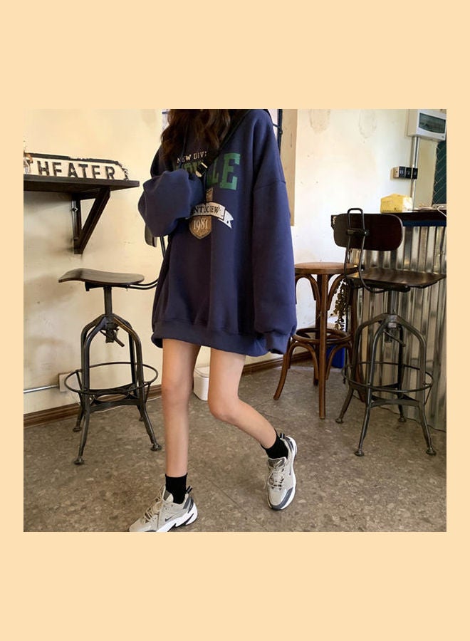 Thicken Hoodie Sweatshirt Autumn Winter Loose Lazy Pullover Tops Navy Blue  - Image 4