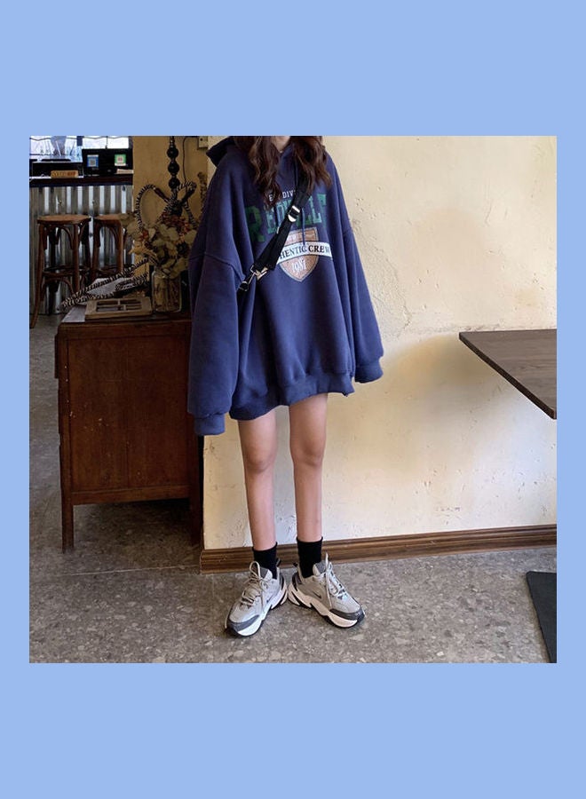 Thicken Hoodie Sweatshirt Autumn Winter Loose Lazy Pullover Tops Navy Blue  - Image 5