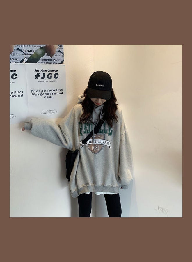 Thicken Hoodie Sweatshirt Autumn Winter Loose Lazy Pullover Tops Grey  - Image 5
