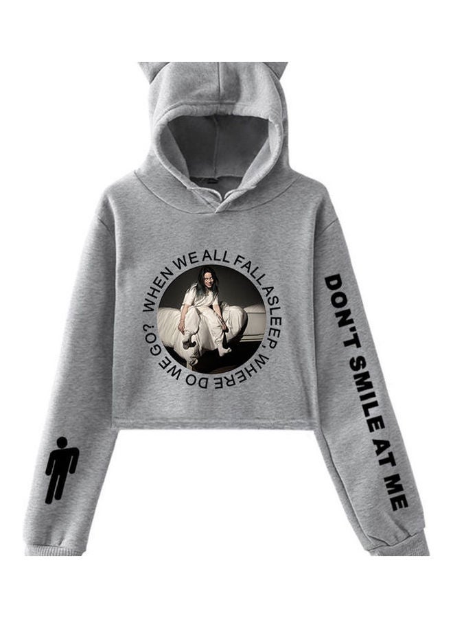 Billie Eilish Ear Exposed Navel Casual Sport Hoody Sweater Grey  - Image 1