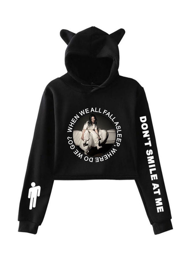 Billie Eilish Ear Exposed Navel Casual Sport Hoody Sweater Black  - Image 1
