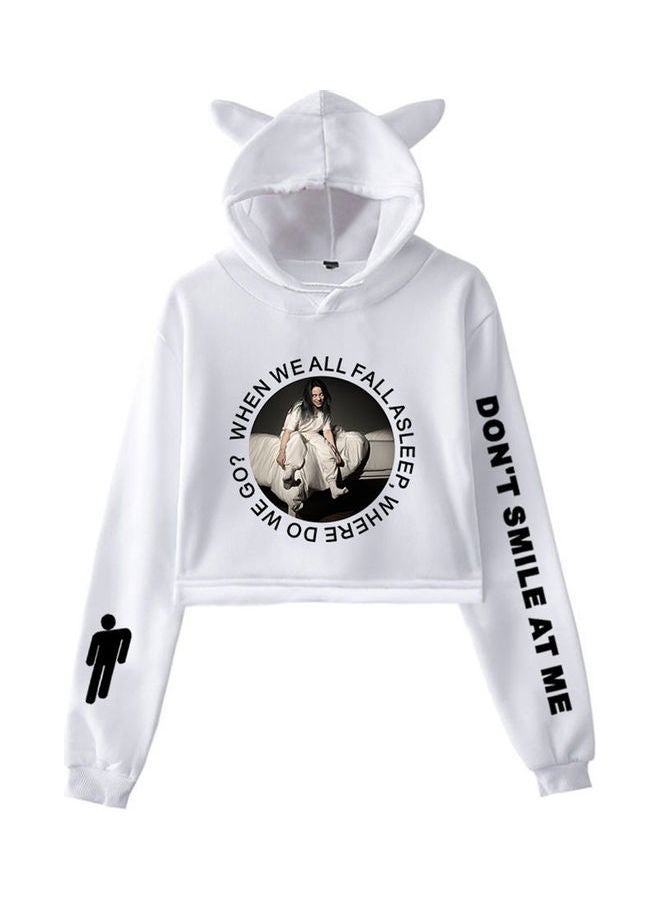 Billie Eilish Ear Exposed Navel Casual Sport Hoody Sweater White  - Image 1